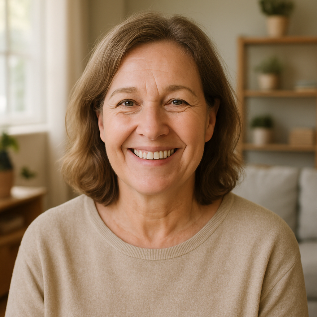Smiling middle-aged woman testimonial giver