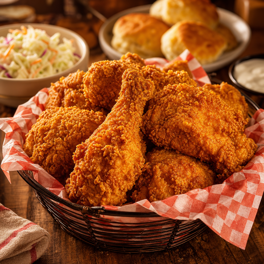Golden, crispy fried chicken pieces in a basket with warm light and rustic side dishes