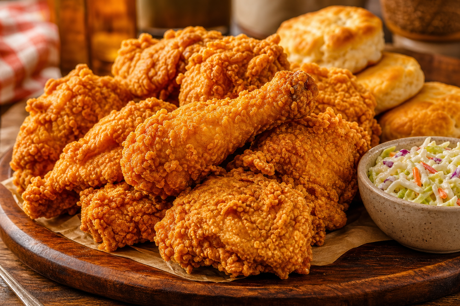 Heaping platter of golden fried chicken with crisp, textured coating, served with biscuits and a side of coleslaw