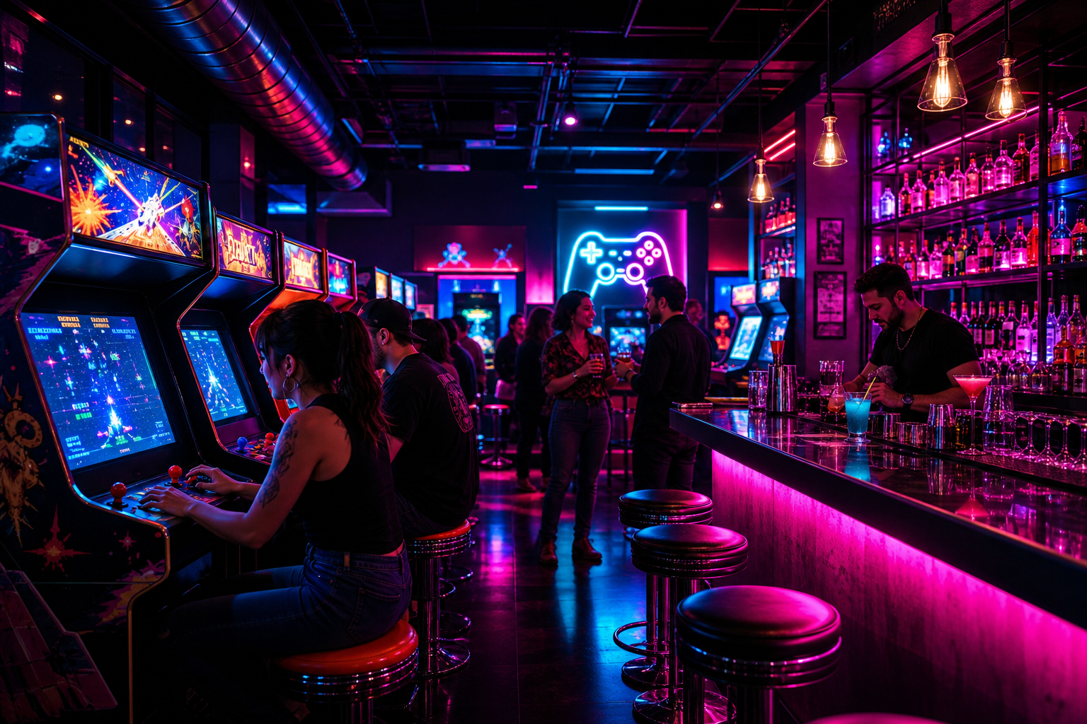 Neon-lit retro arcade bar interior with glowing game cabinets, a polished cocktail bar, and friends playing under magenta and cyan lights