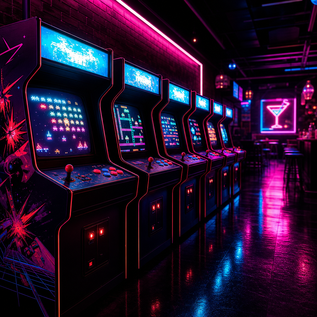 Row of retro arcade machines with bright cyan marquees and reflective floor lighting