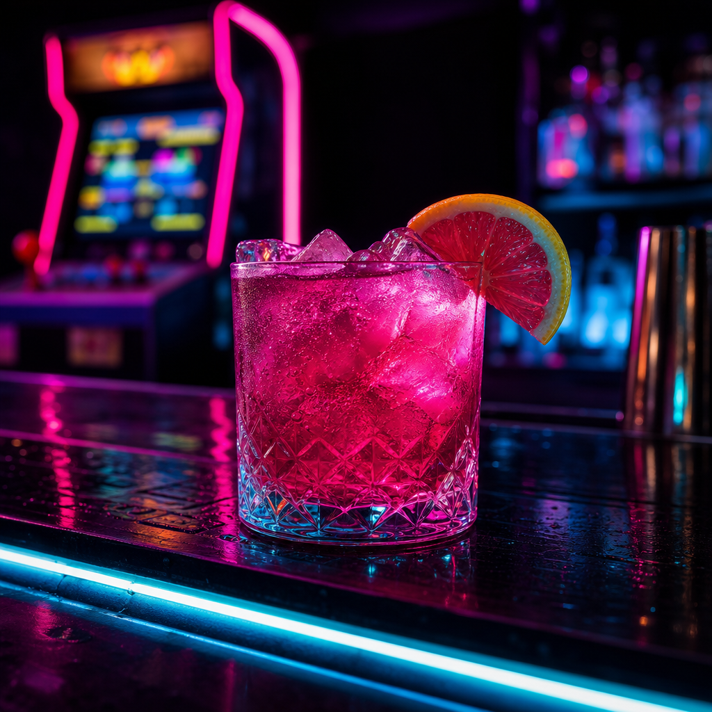 Glowing cocktail with a bright magenta hue on a bar top with neon reflections