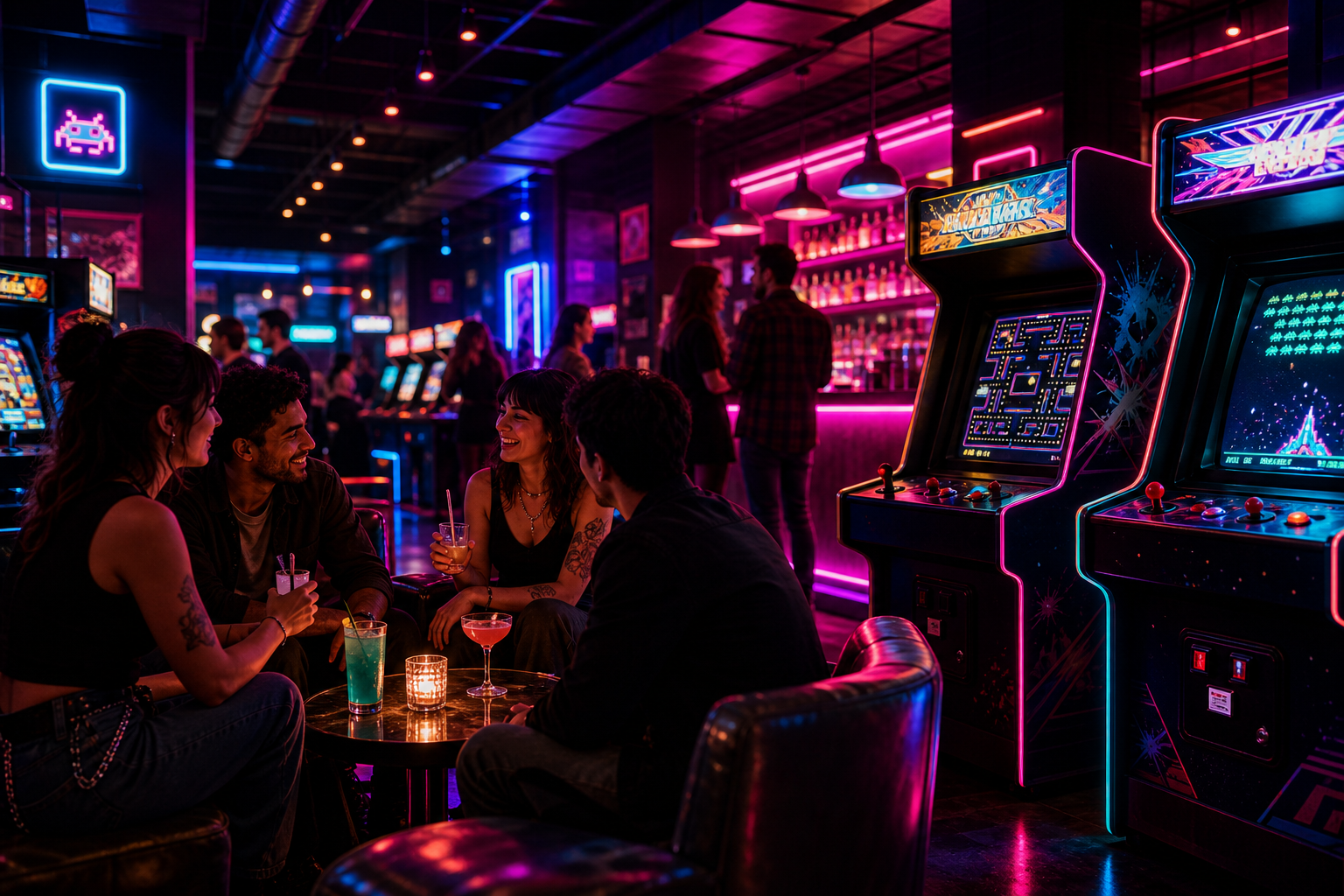 Neon-lit lounge area with arcade cabinets, glowing magenta and cyan lights, and small groups enjoying cocktails