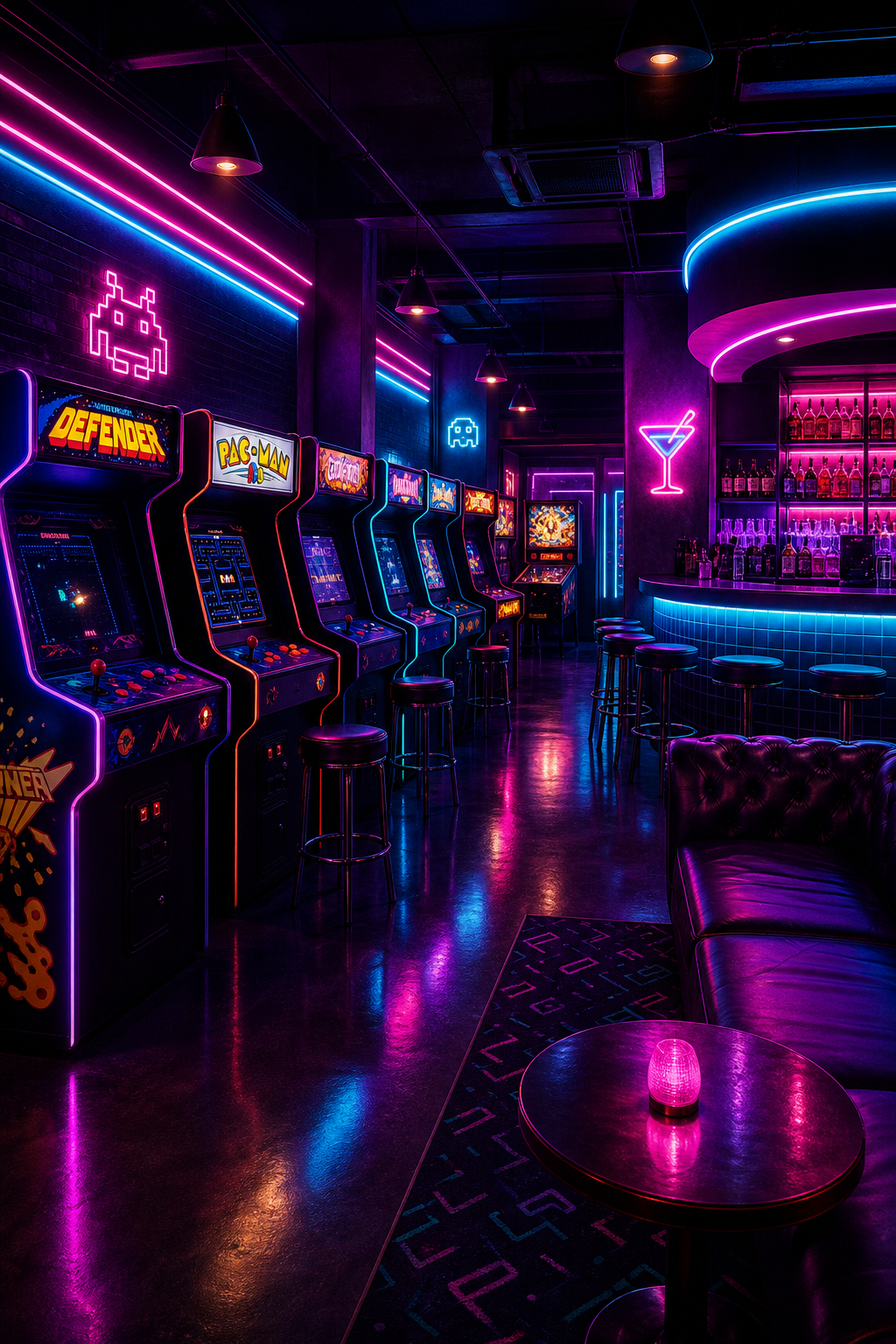 Neon-lit retro arcade bar interior with glowing arcade cabinets, purple and cyan lights, and a lively lounge atmosphere