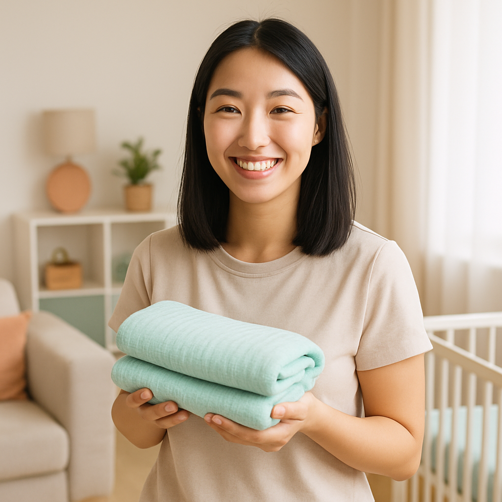 Portrait of Lina, smiling mom holding a pastel baby blanket