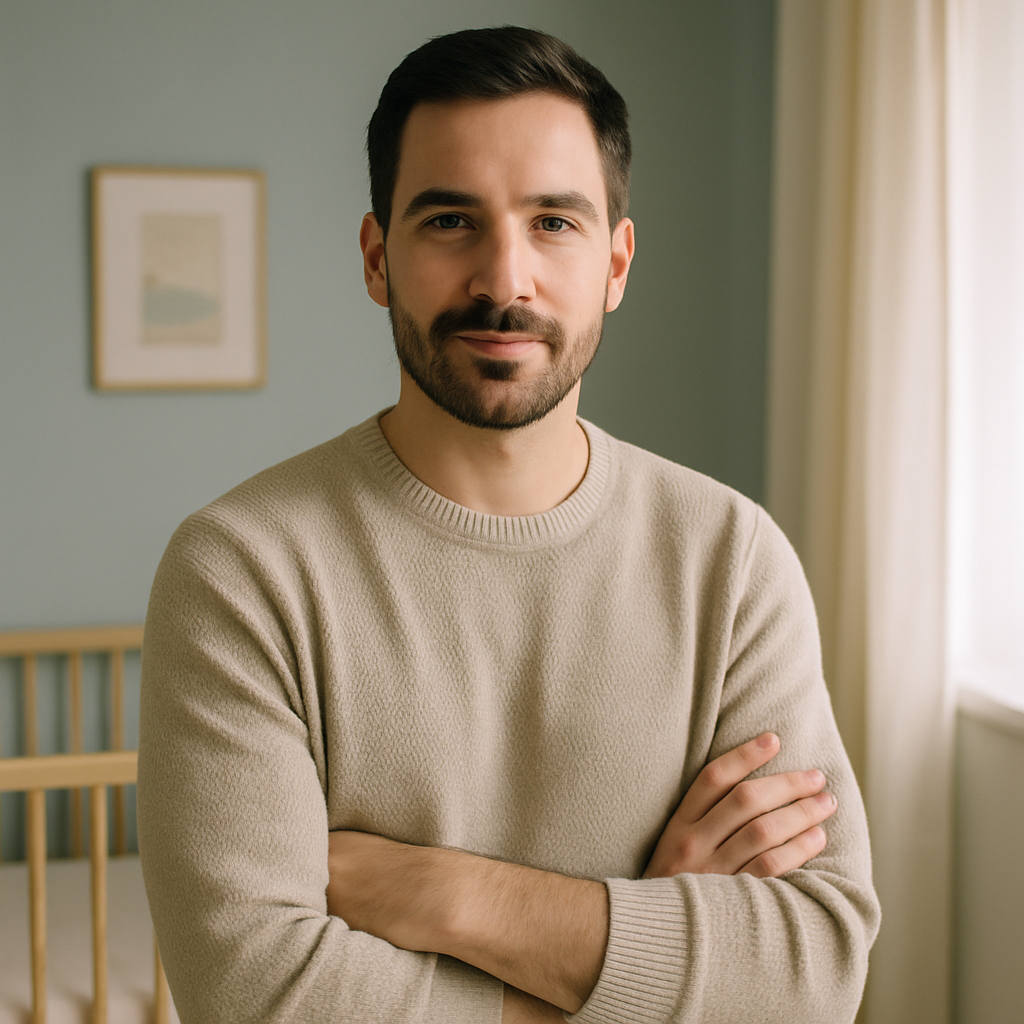 Portrait of Marcus, father of a toddler, in a bright home setting