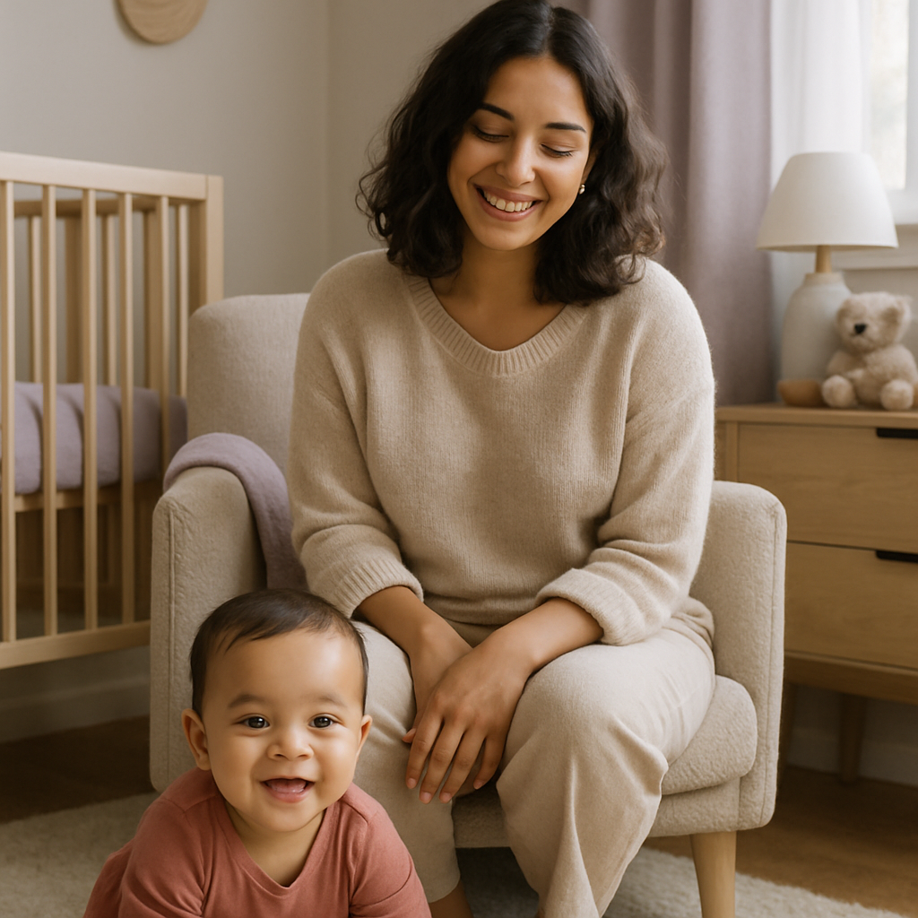 Portrait of Sophia, parent in her nursery with a happy infant