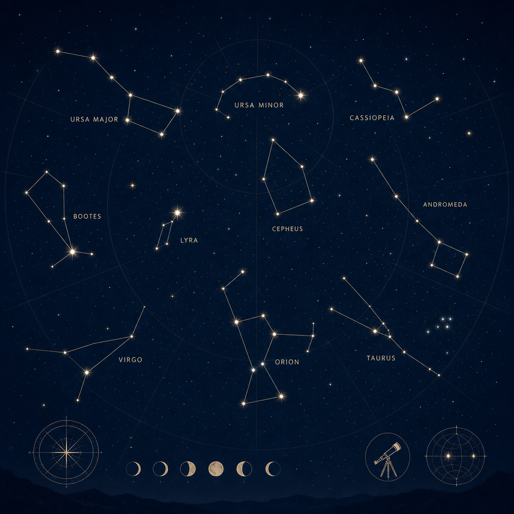 Educational constellation chart with cream linework over a deep night sky