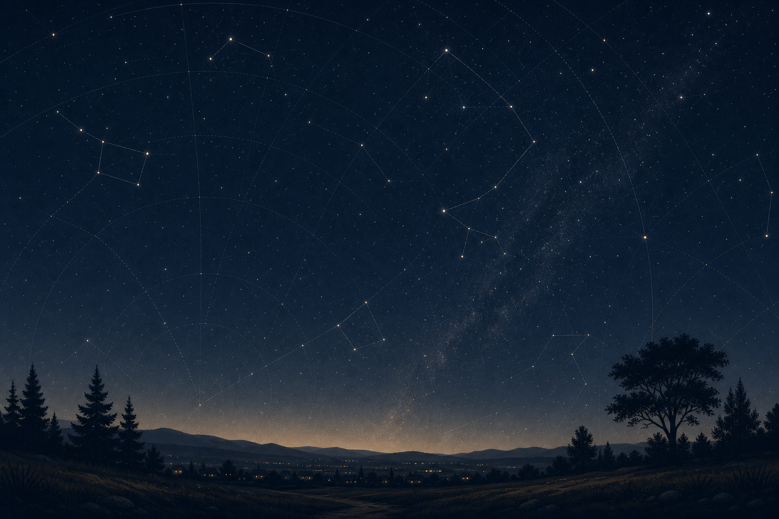 Calm night sky illustration with a local horizon silhouette, faint constellation lines, and subtle star-map structure