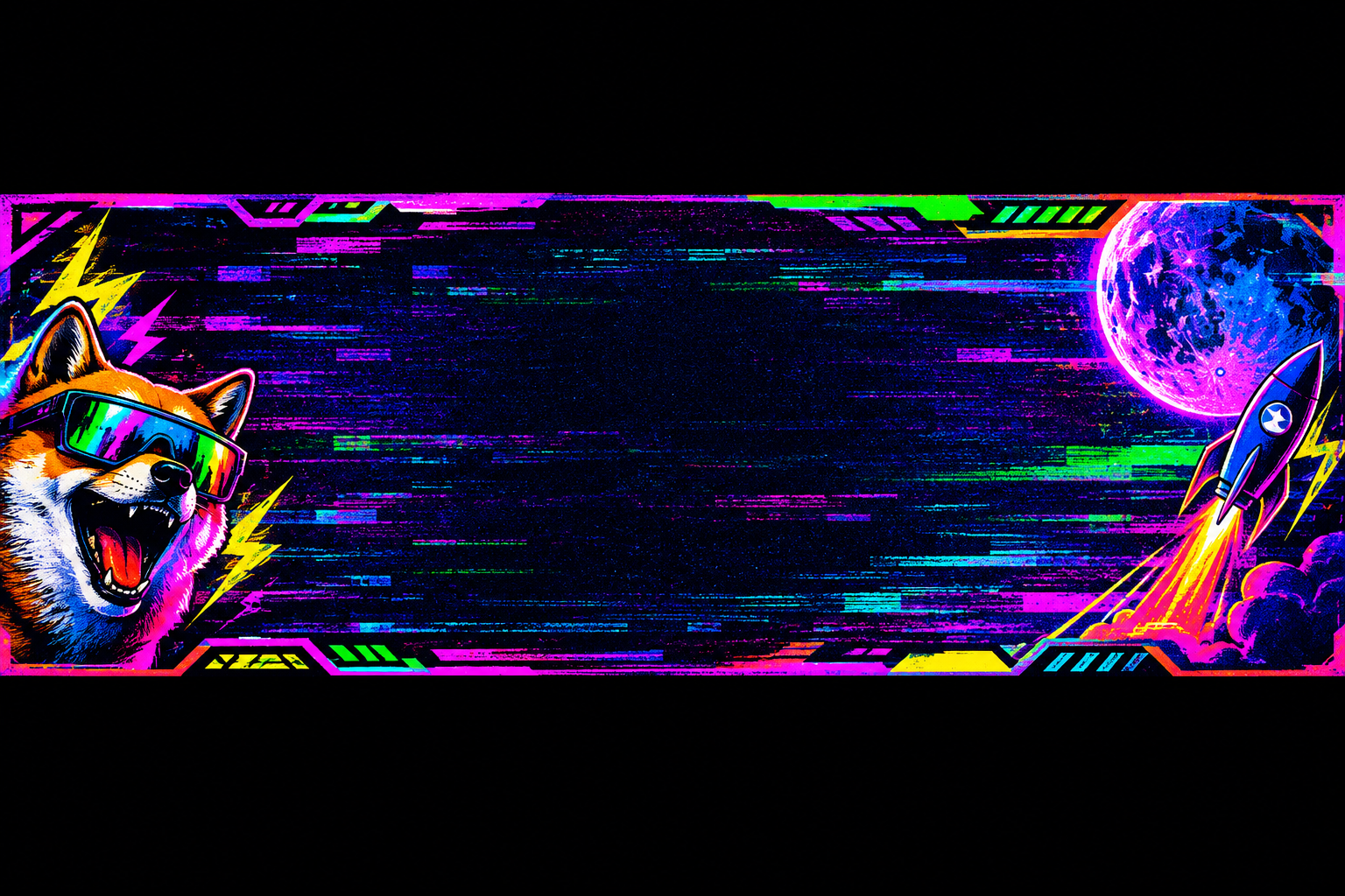 Wide horizontal neon meme banner with glitch lines and empty center space for future campaign art