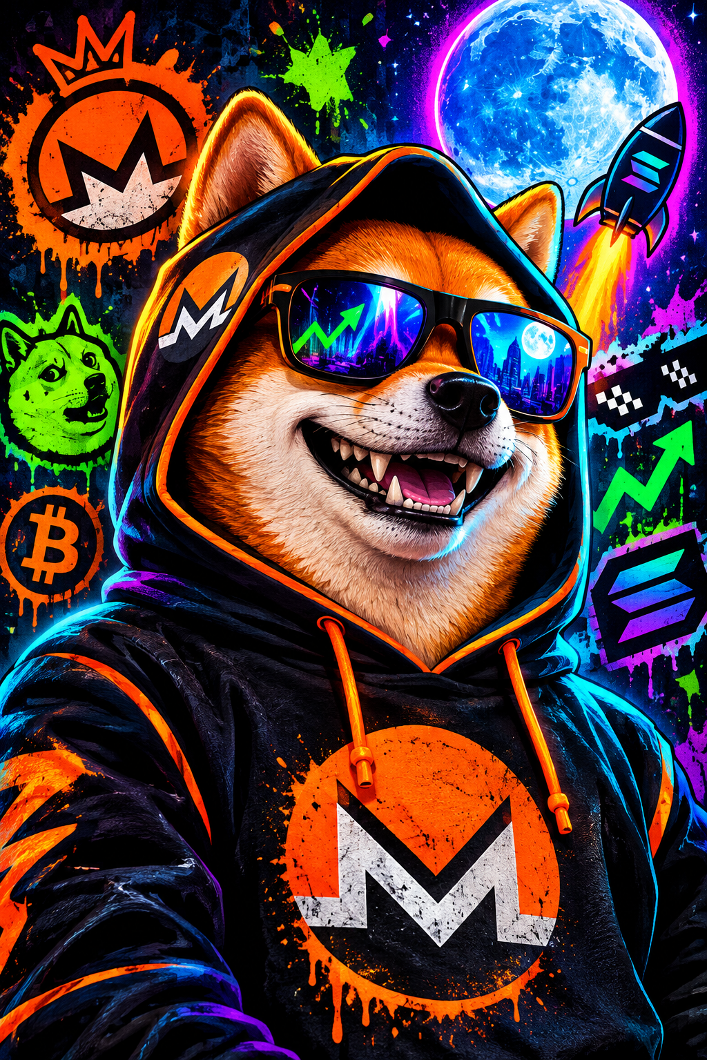 Cartoon Shiba-like dog wearing a Monero-styled hoodie and sunglasses, neon cyberpunk style