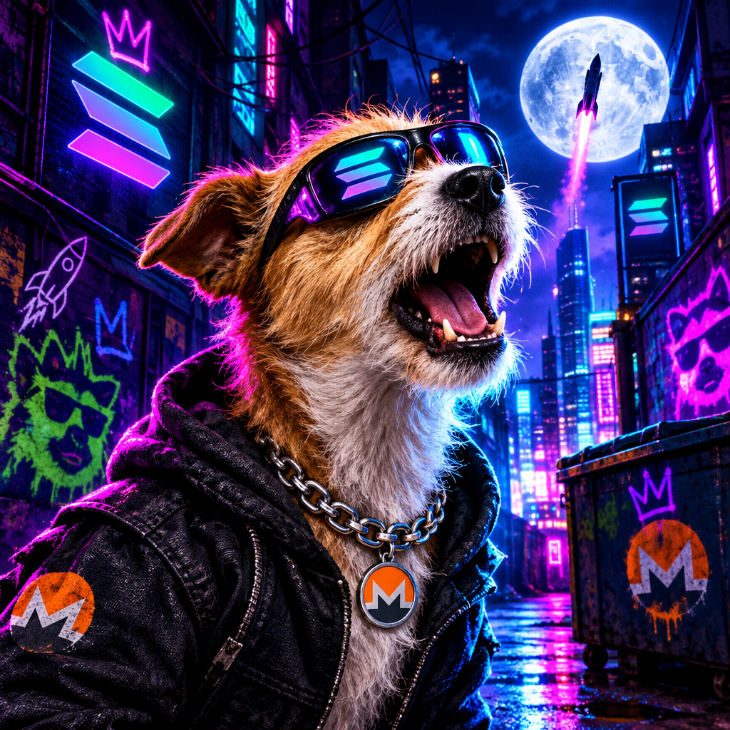 Small featured character portrait of Monero dog as a moon-obsessed street prophet with cyber shades, a scrappy hoodie, and neon Solana city lights behind him