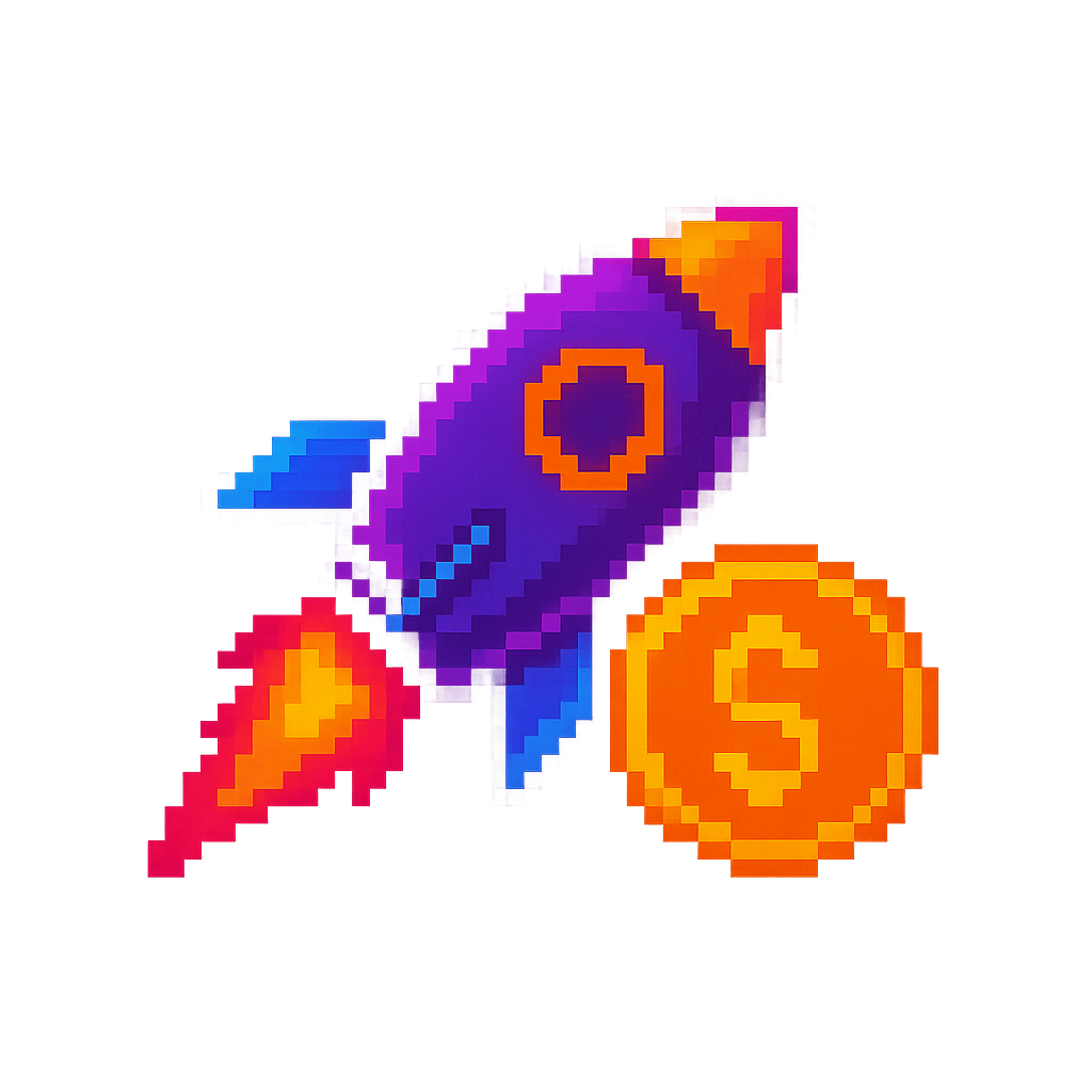 Small pump-themed pixel icon with a neon rocket and coin