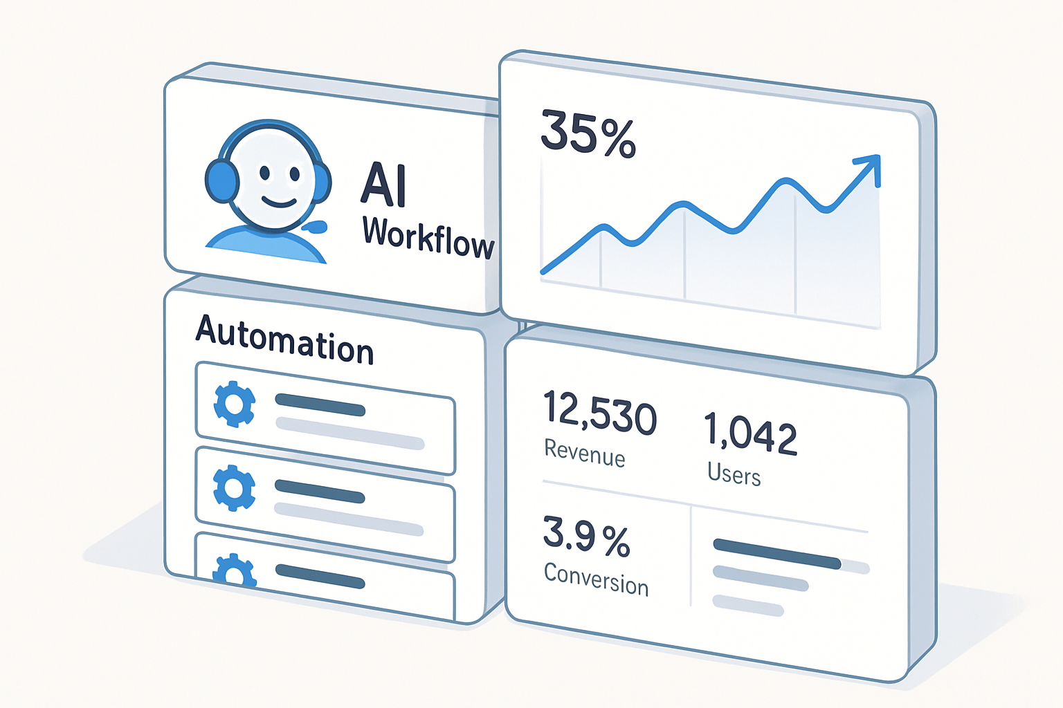 Illustration of an AI workflow dashboard with assistants, automation cards, and business metrics