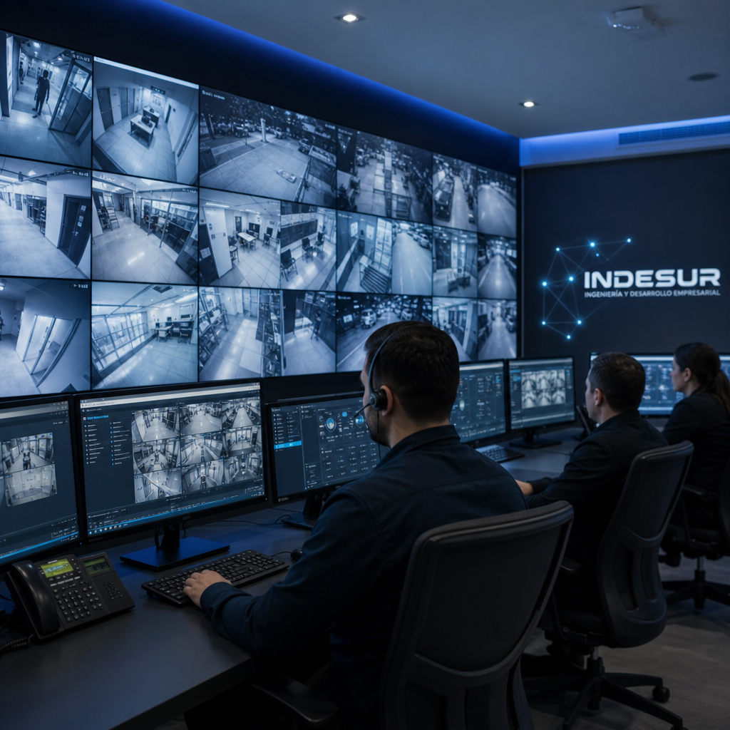 Modern CCTV control room with multiple surveillance screens, operators monitoring in a dimly lit corporate security center