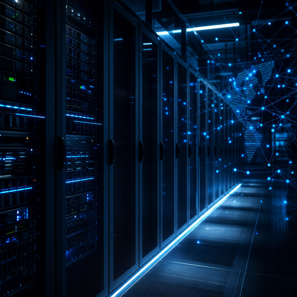 Red de datos empresarial en un centro de servidores moderno con luces azules y conexiones digitales