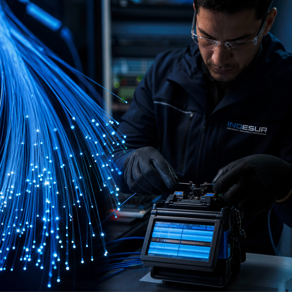 Close-up of illuminated fiber optic strands and a technician splicing cables with blue and cyan glow, realistic industrial scene