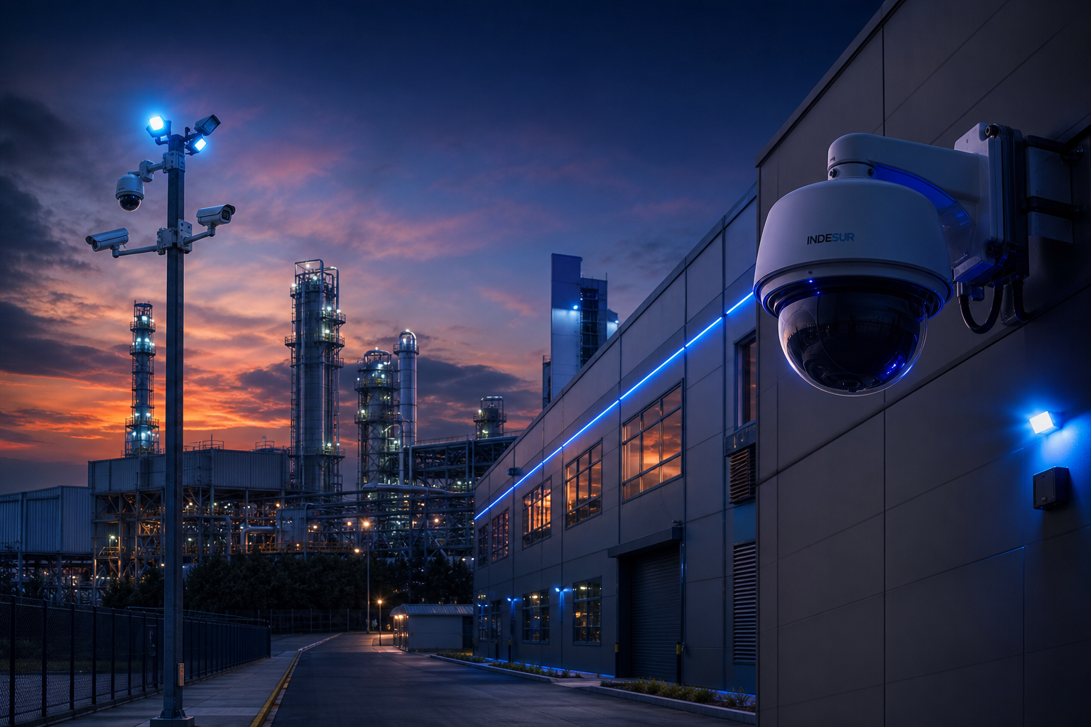Planta industrial moderna con infraestructura tecnológica y cámaras de seguridad instaladas