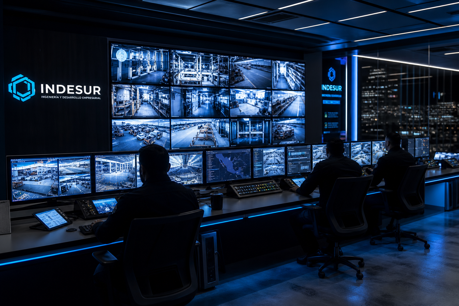 Centro de monitoreo corporativo con pantallas de videovigilancia y operadores