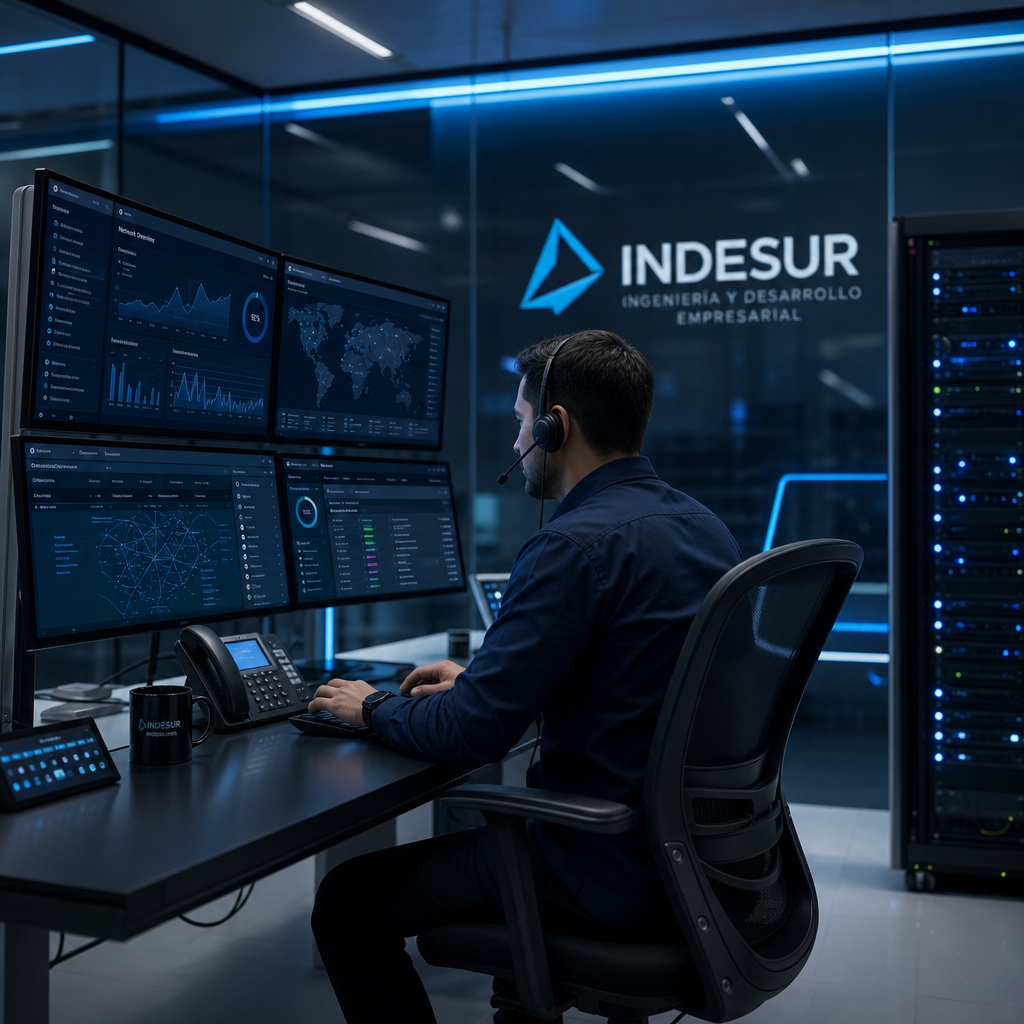 Torres de telecomunicaciones y fibra óptica iluminada en un entorno industrial nocturno, con servidores y conexiones digitales de alta tecnología