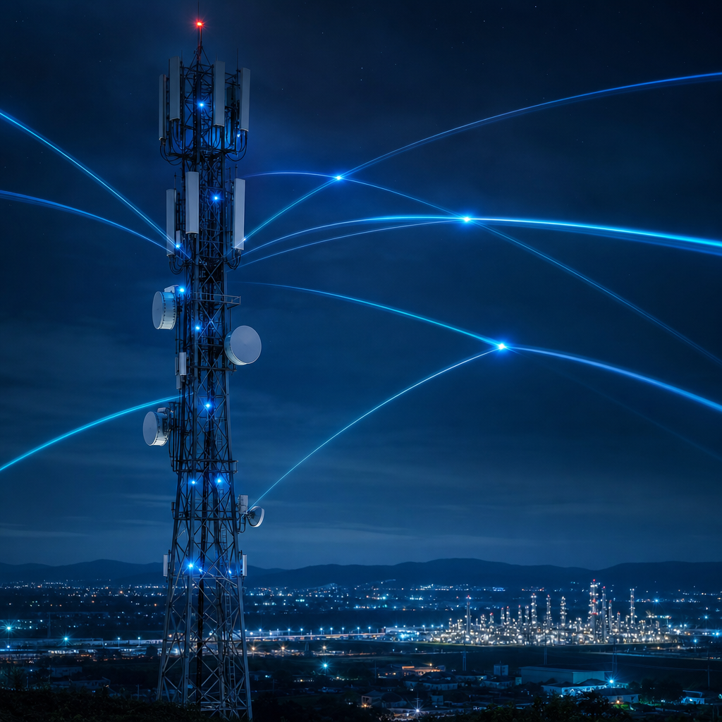 Torre de telecomunicaciones nocturna con enlaces inalámbricos luminosos y cielo oscuro