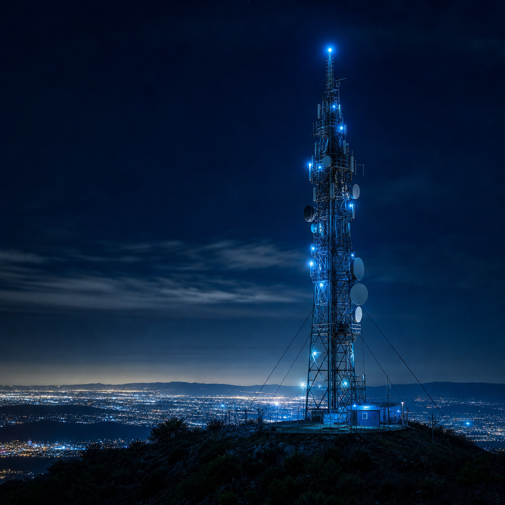 High telecom tower with antenna arrays on a distant hill at night, blue signal lights and subtle city glow, realistic corporate photography
