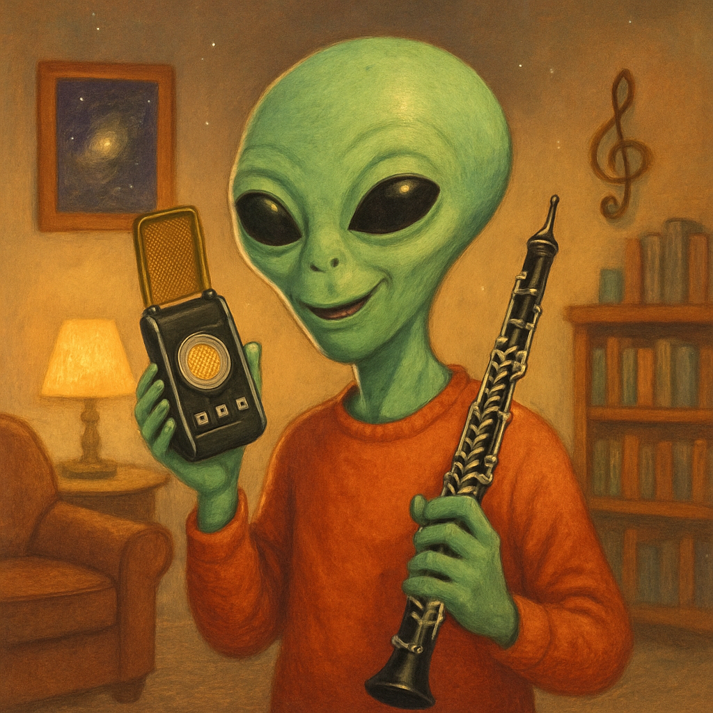 Alien standing in a cozy living room, holding an oboe while speaking into a Star Trek original series communicator