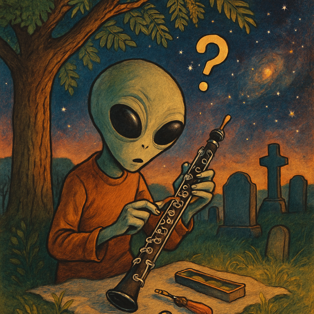 Alien repairing an oboe at night under a locust tree near a cemetery, looking quizzical with a question mark overhead.