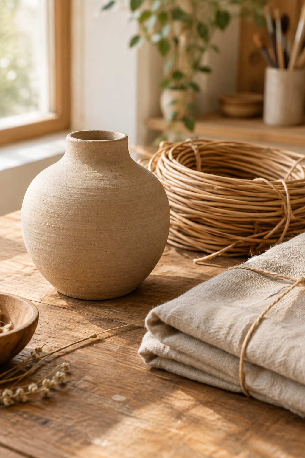 Close-up artisan styling scene with warm ceramic surface, woven fiber accents, and folded linen in soft daylight
