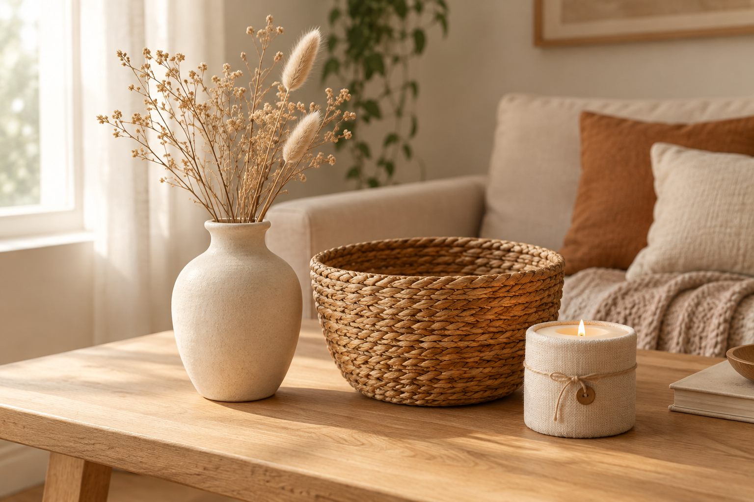 Warm styled interior with a ceramic vase, woven basket, and linen candle on a natural wood table by soft window light