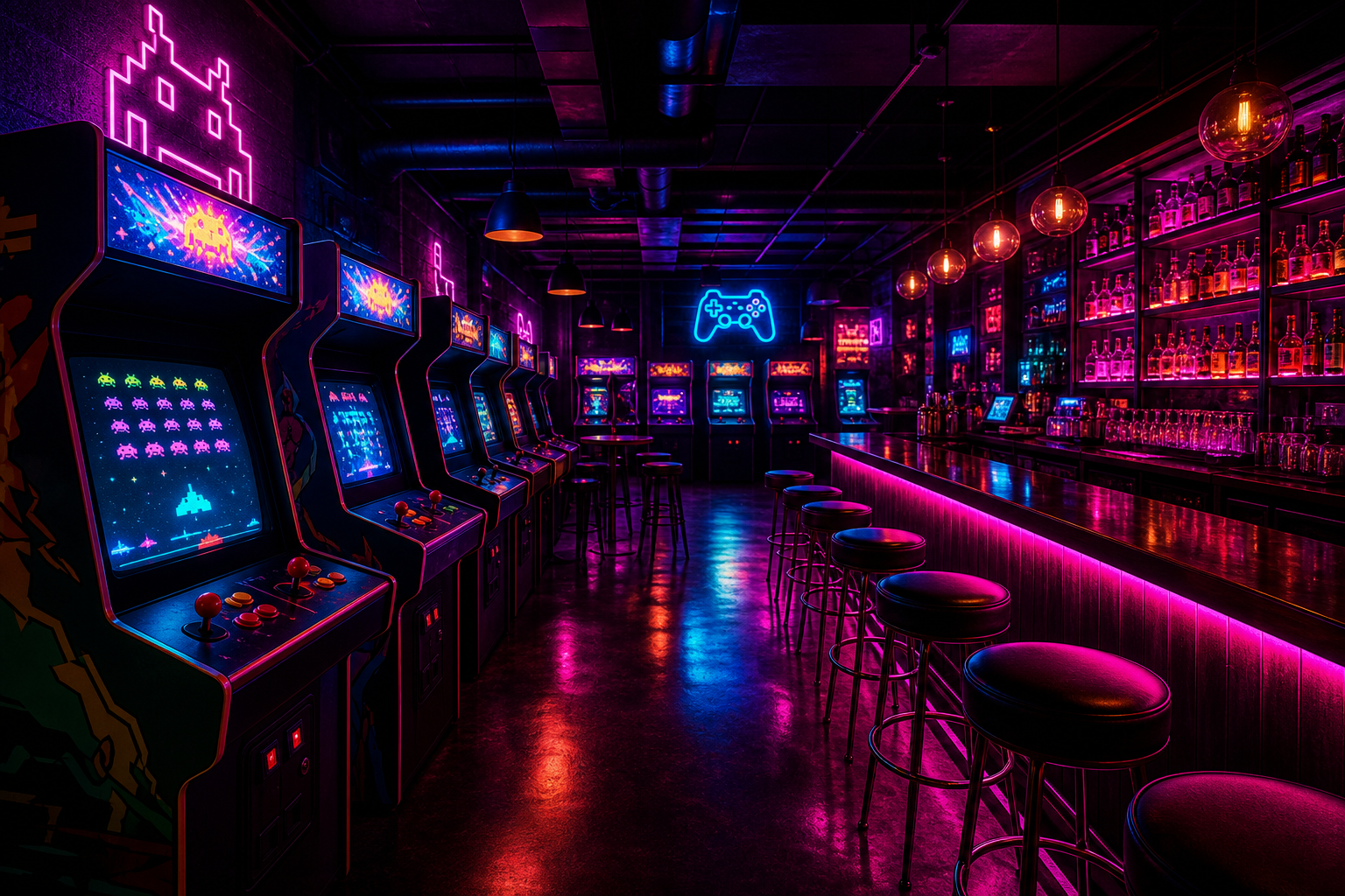 Neon-lit retro arcade bar interior with glowing game cabinets, cyan and magenta lights, and a lively bar counter