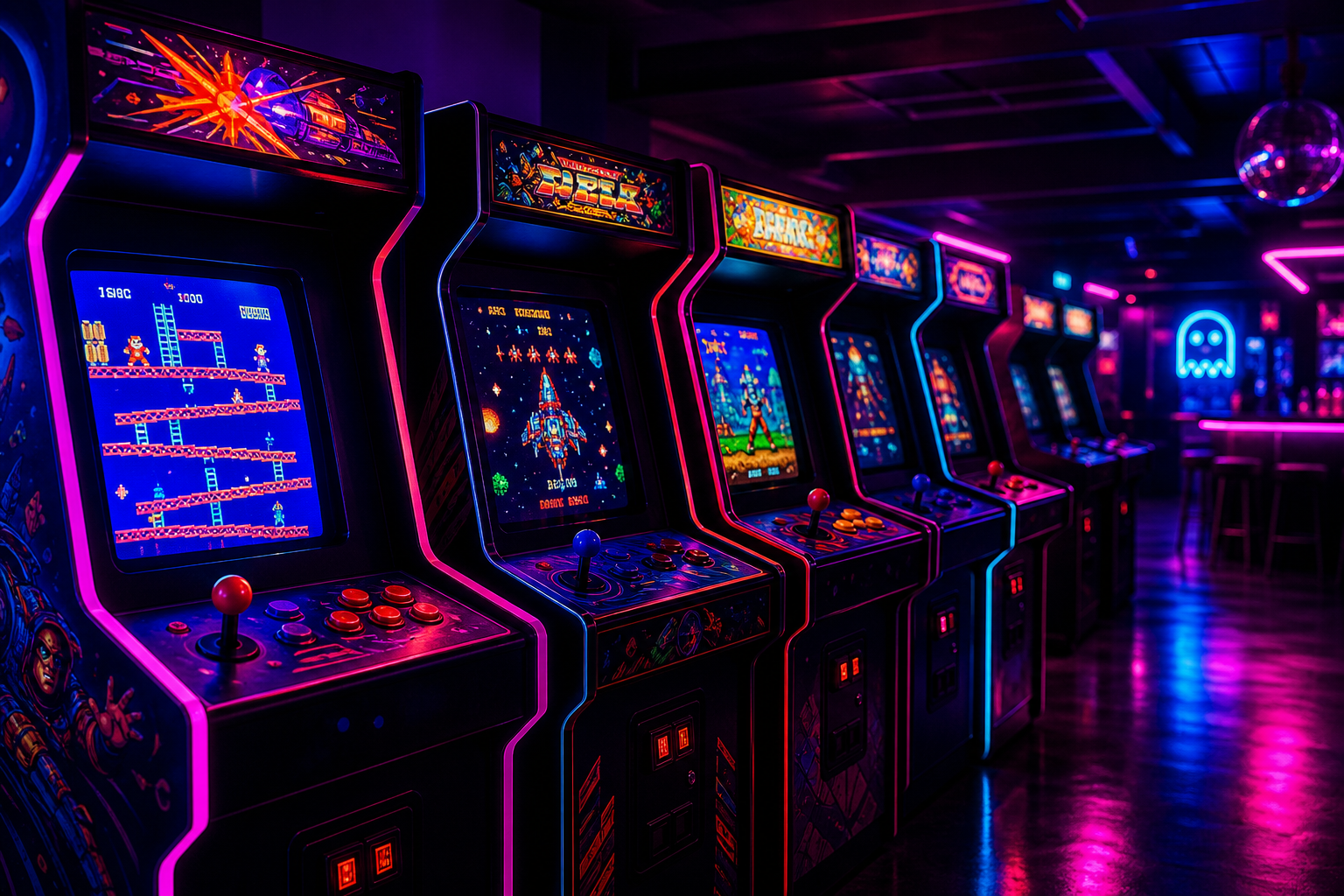 Row of retro arcade cabinets with vibrant game screens