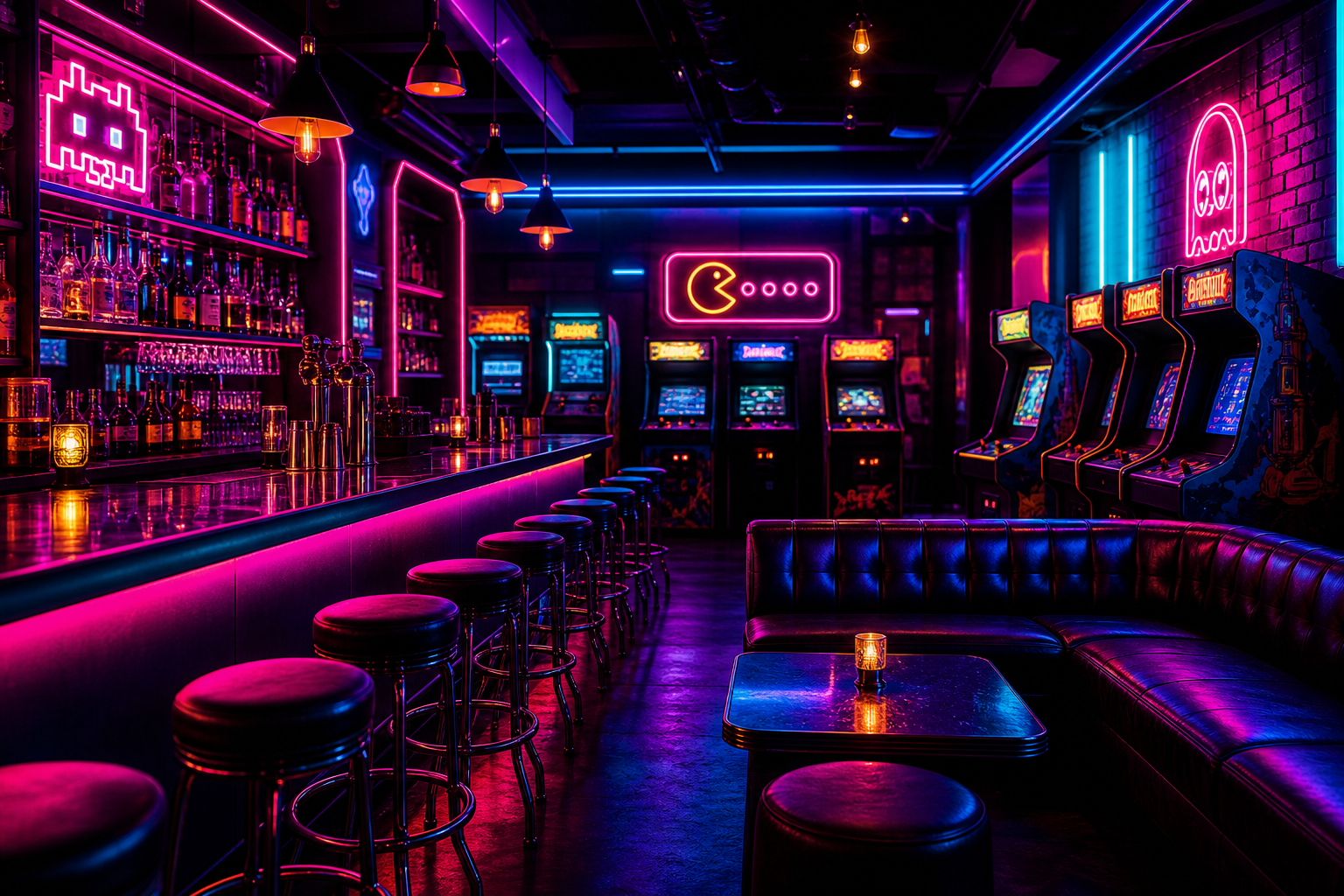 Neon-lit arcade bar interior with magenta and cyan lighting