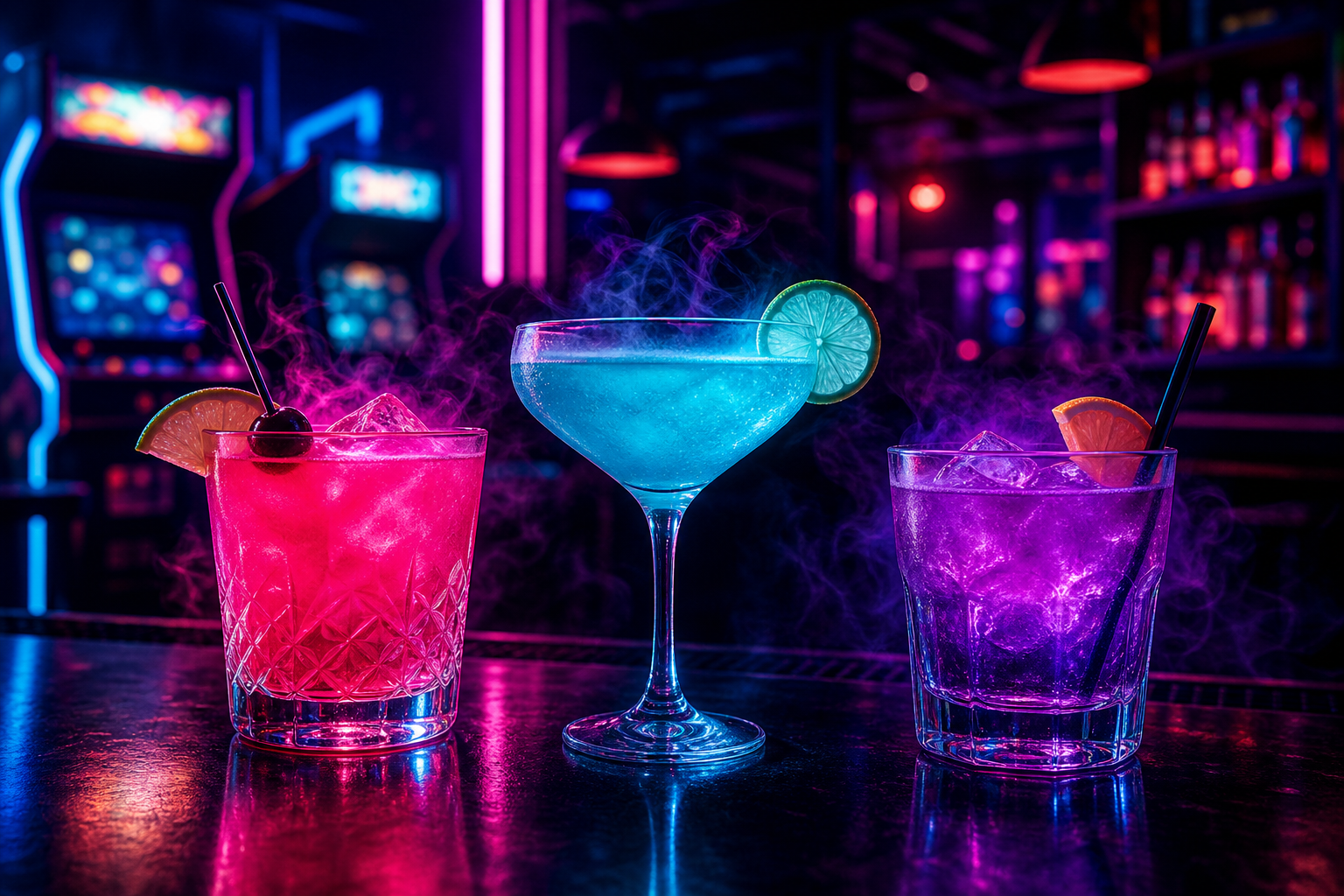 Three neon cocktails in glowing glassware on a dark bar