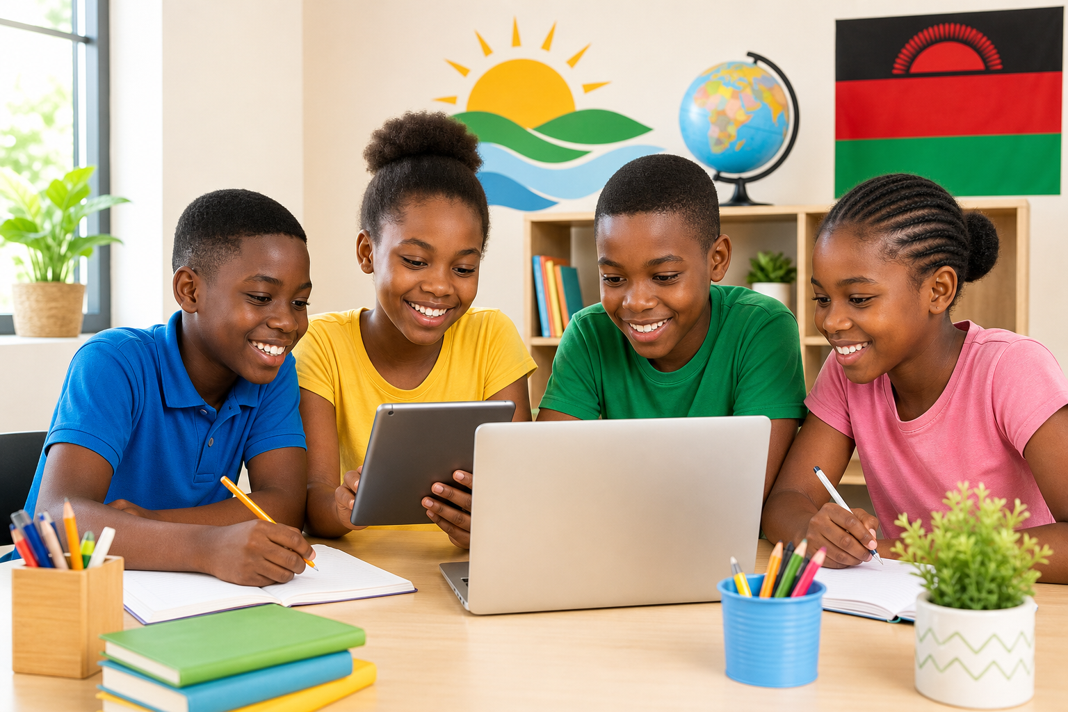 Happy Malawian primary school children learning online using tablets and a laptop in a bright classroom-style setting