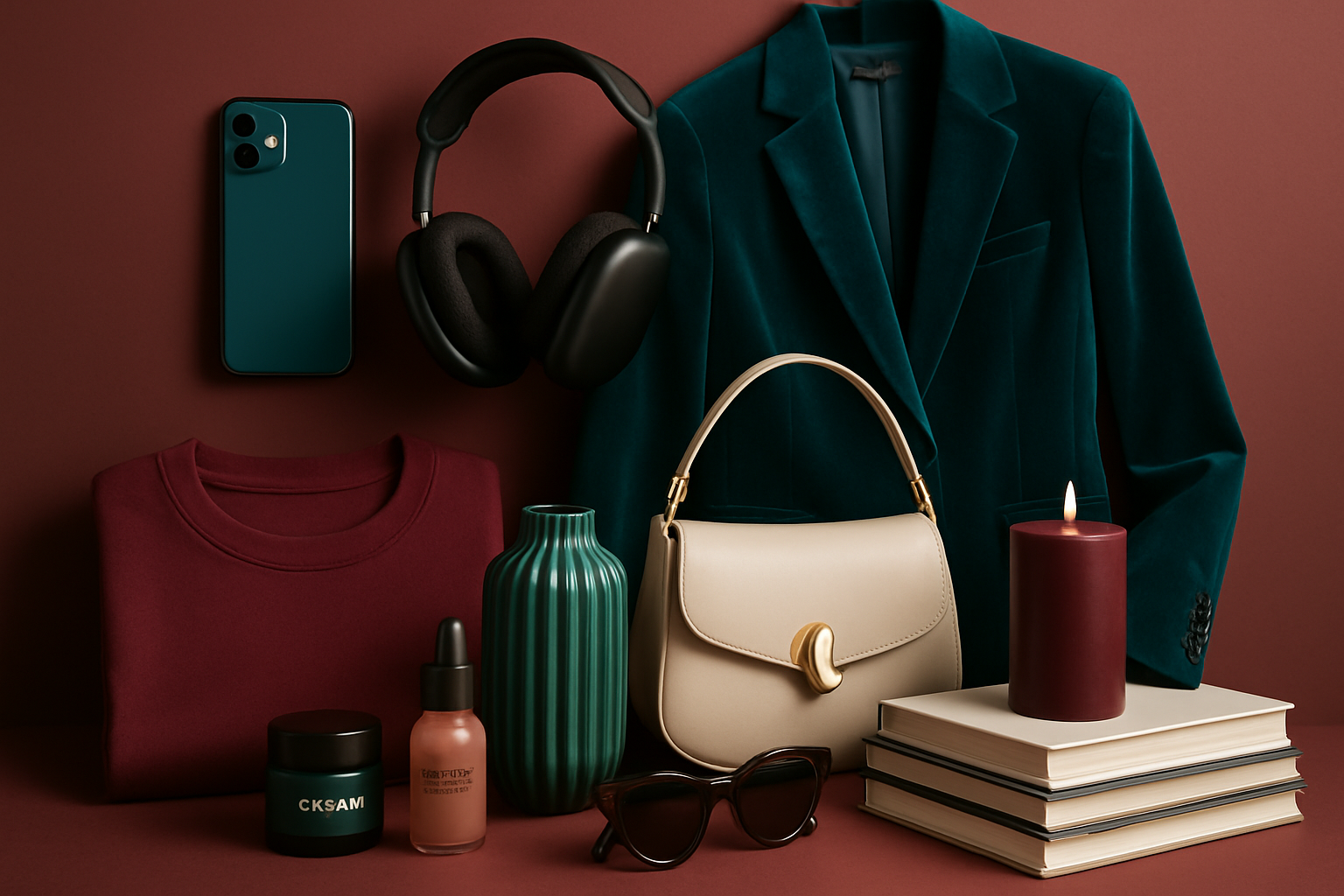 Auraluxe multi-category shopping collage with electronics, fashion, home decor, beauty products, and books