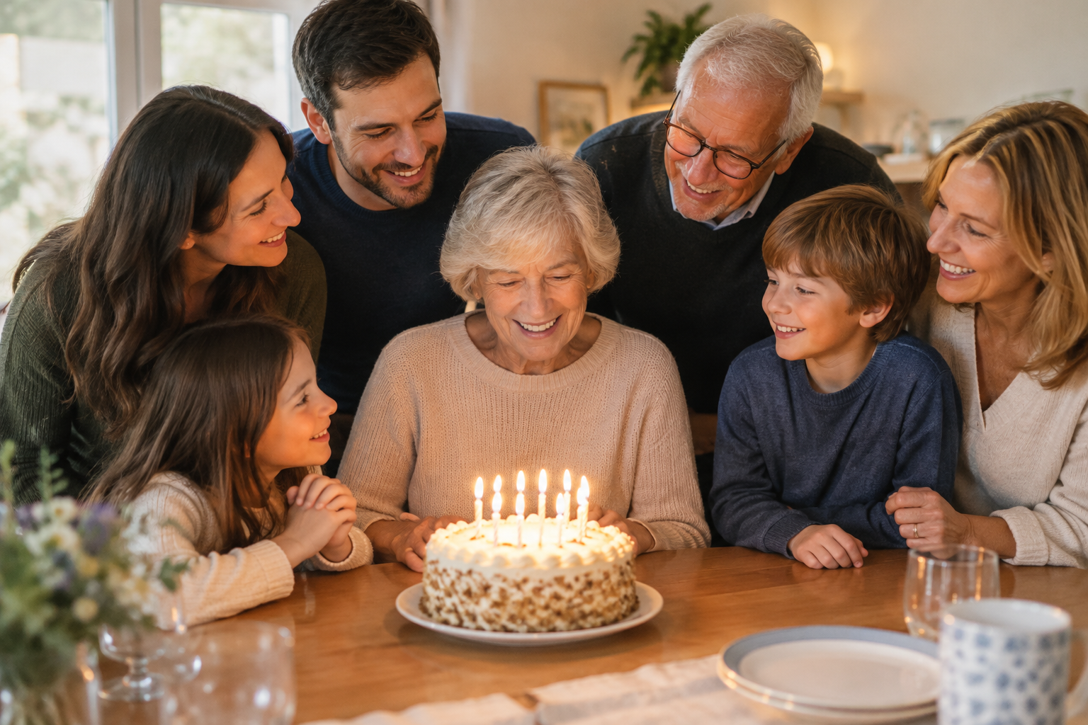 Family gathered at a birthday table with warm candlelight, smiles, and colorful decorations