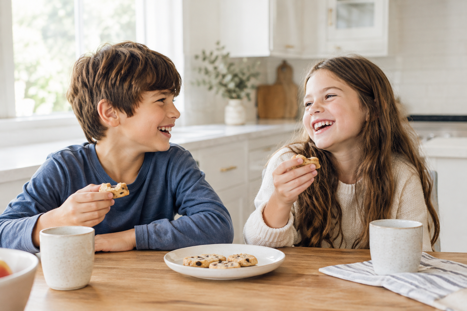 Candid kitchen moment with siblings sharing a snack and laughing in natural daylight