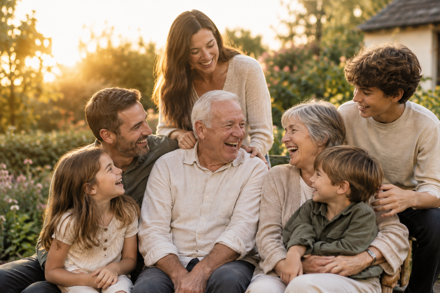 Natural family photo of Jeff and relatives sharing a candid laugh together outdoors during warm golden-hour light