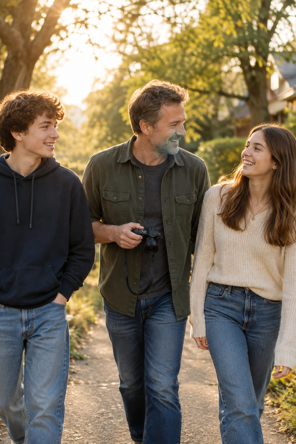 Jeff walking with family along a tree-lined neighborhood path at golden hour, carrying a camera and smiling
