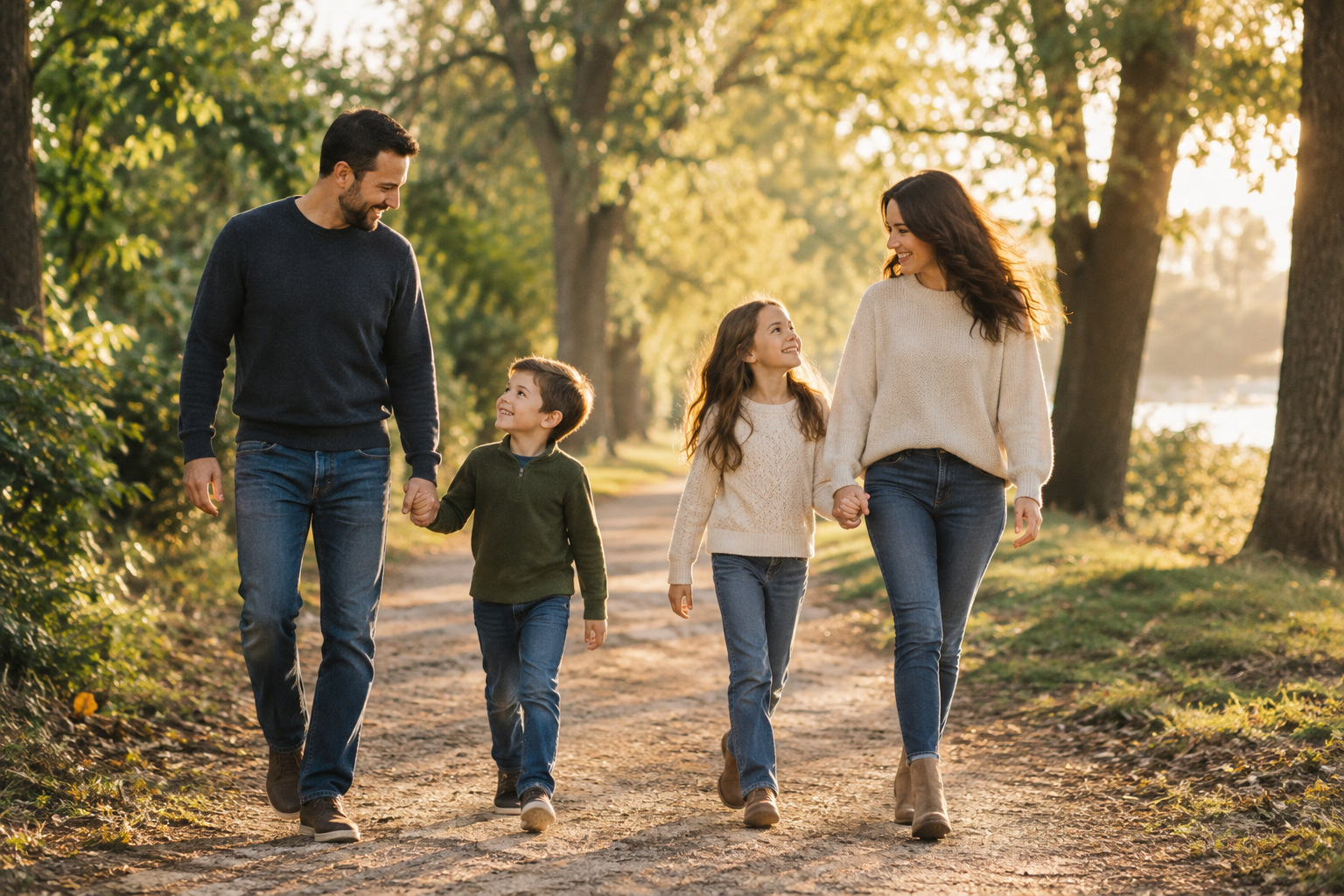 Parents and children walking together through a sunlit park path with trees and soft greenery