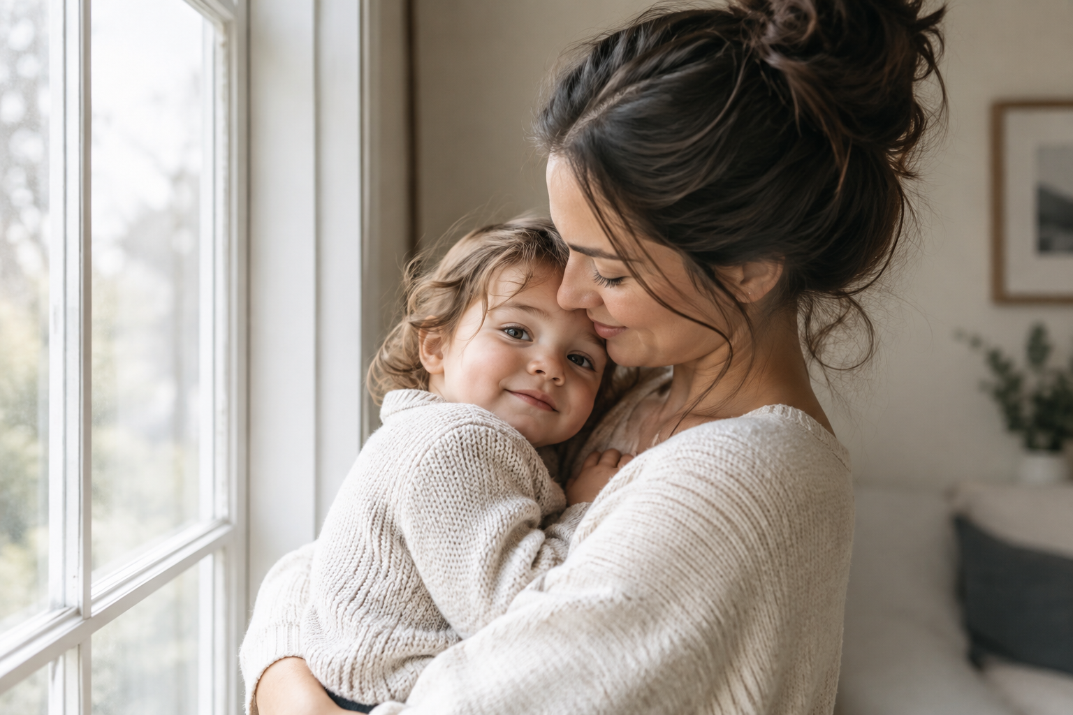 Soft indoor portrait of a mother and child by a window, wrapped in calm morning light