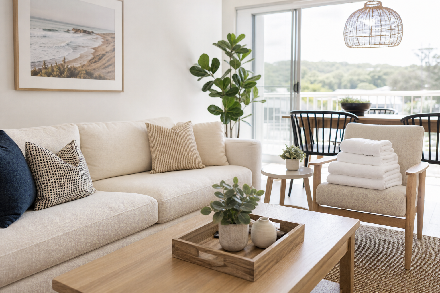 Bright, clean short-term rental living room with neatly staged seating, fresh linens, and guest-ready details
