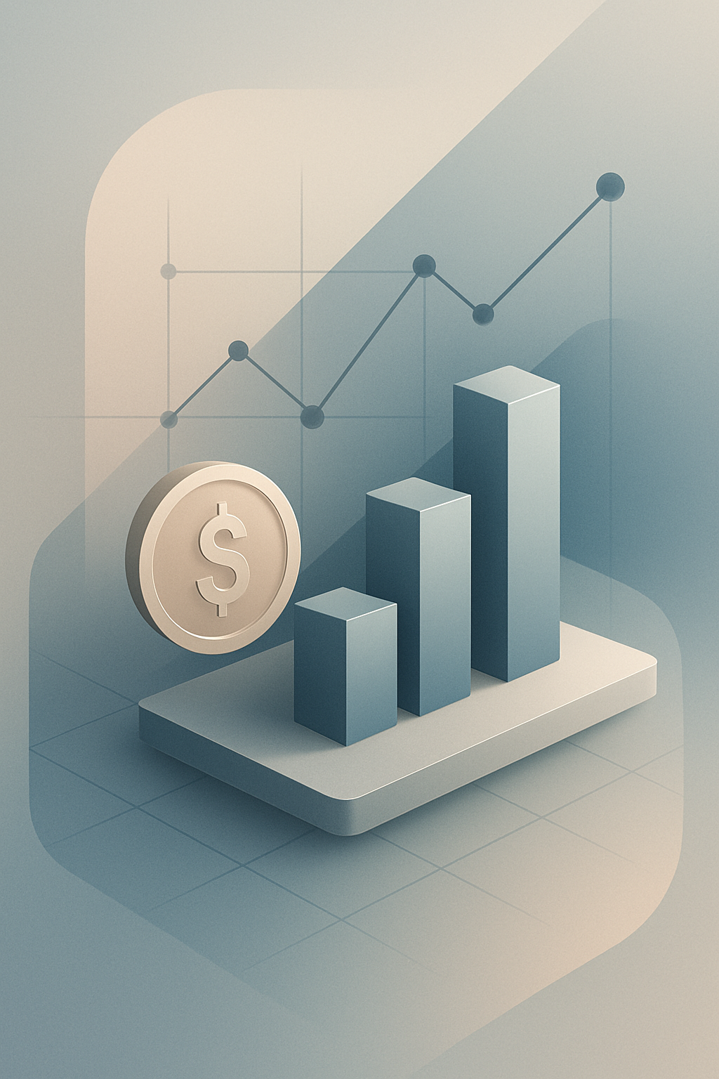 Abstract, premium commerce illustration with layered shapes, chart-like lines, and subtle network structures