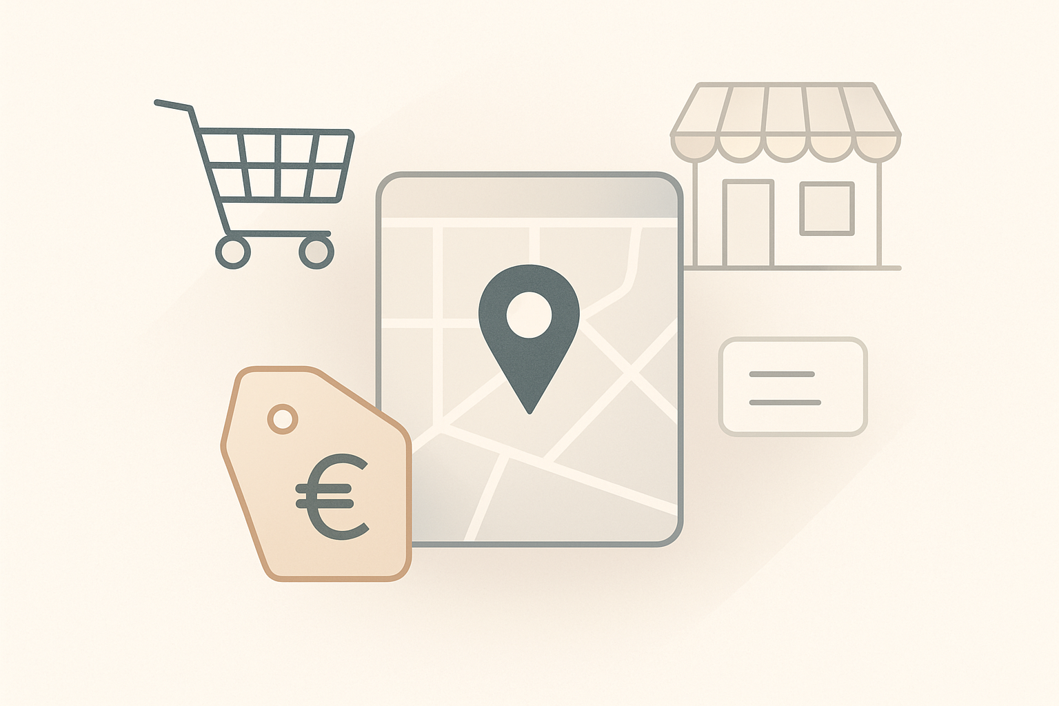 Minimalistic branding visual with abstract trade icons, digital cards, and subtle price tags
