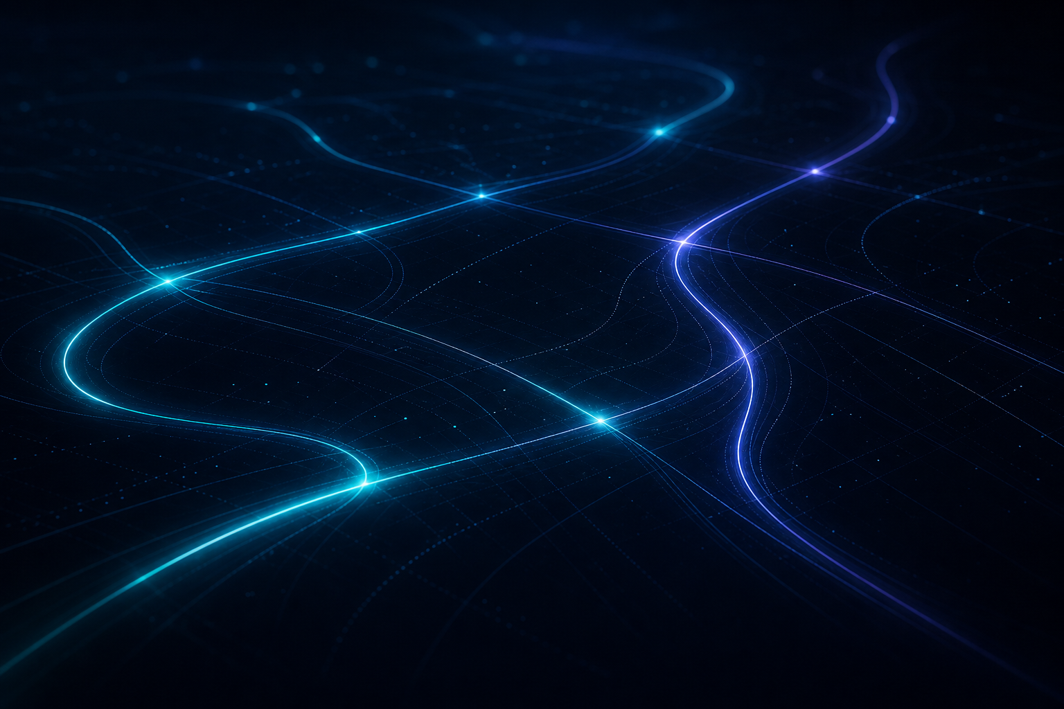Abstract dark futuristic field with cyan and indigo route lines, network arcs, transit traces, and soft glow gradients suggesting autonomous fleet movement