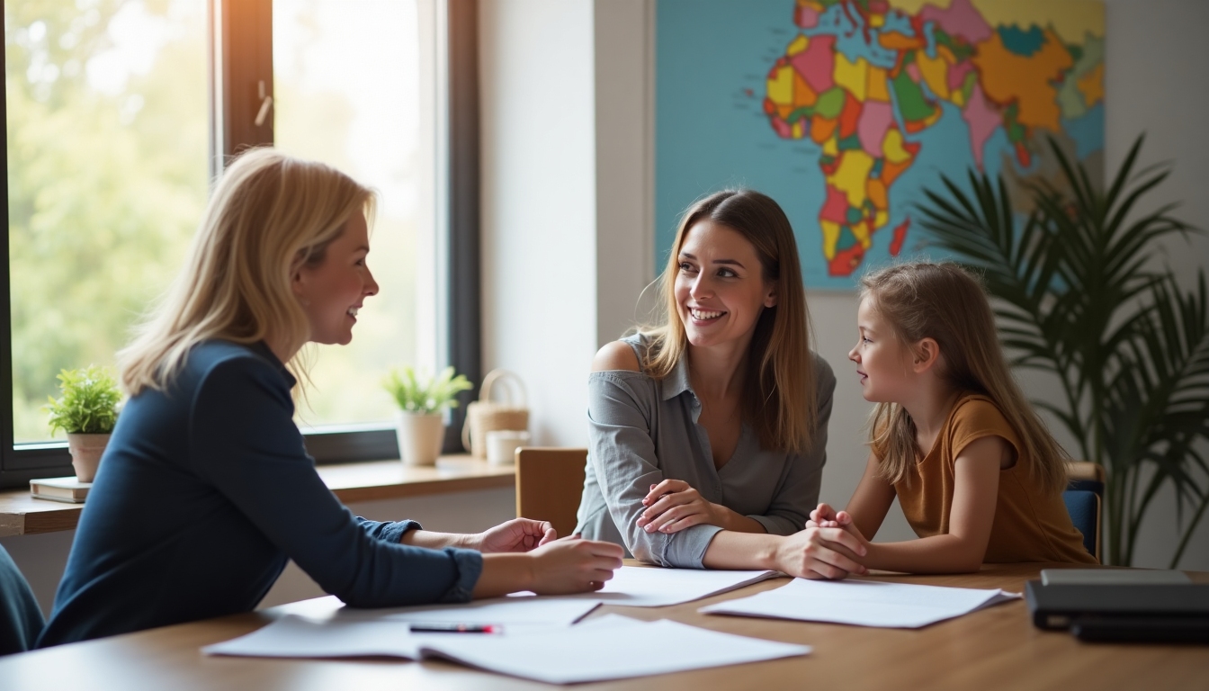 Empathetic immigration specialist speaking with a Ukrainian family in a bright office, with a subtle Spain map and travel documents on the table