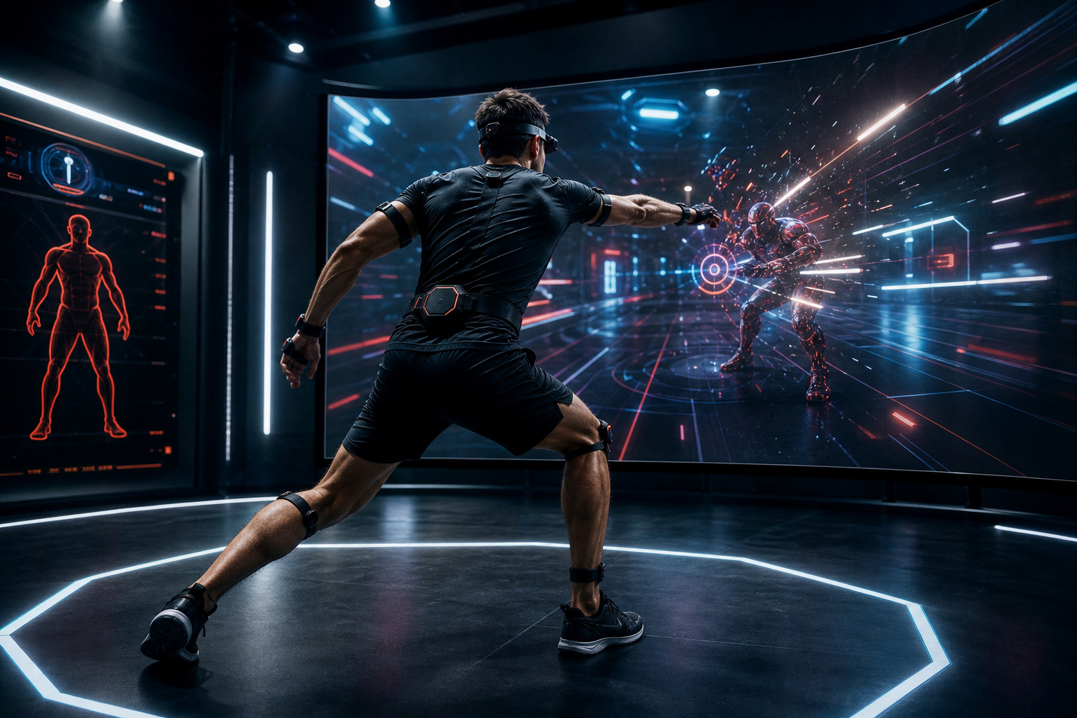 Gameplay still showing an active player leaning into a high-energy motion challenge with dynamic on-screen effects