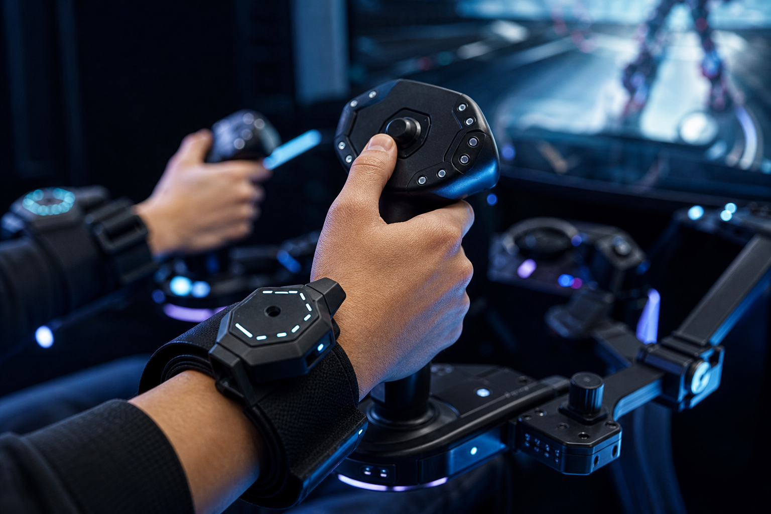 Close-up of Realkinetix hardware in use, showing hands interacting with a responsive sensor-enabled controller