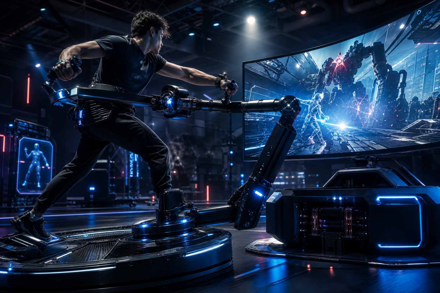 Futuristic gamer in dynamic motion using visible force-responsive gaming hardware in a cinematic arena with dramatic lighting